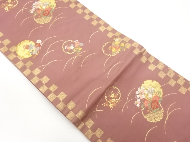 市松に芝・雪輪・花々模様織出し名古屋帯